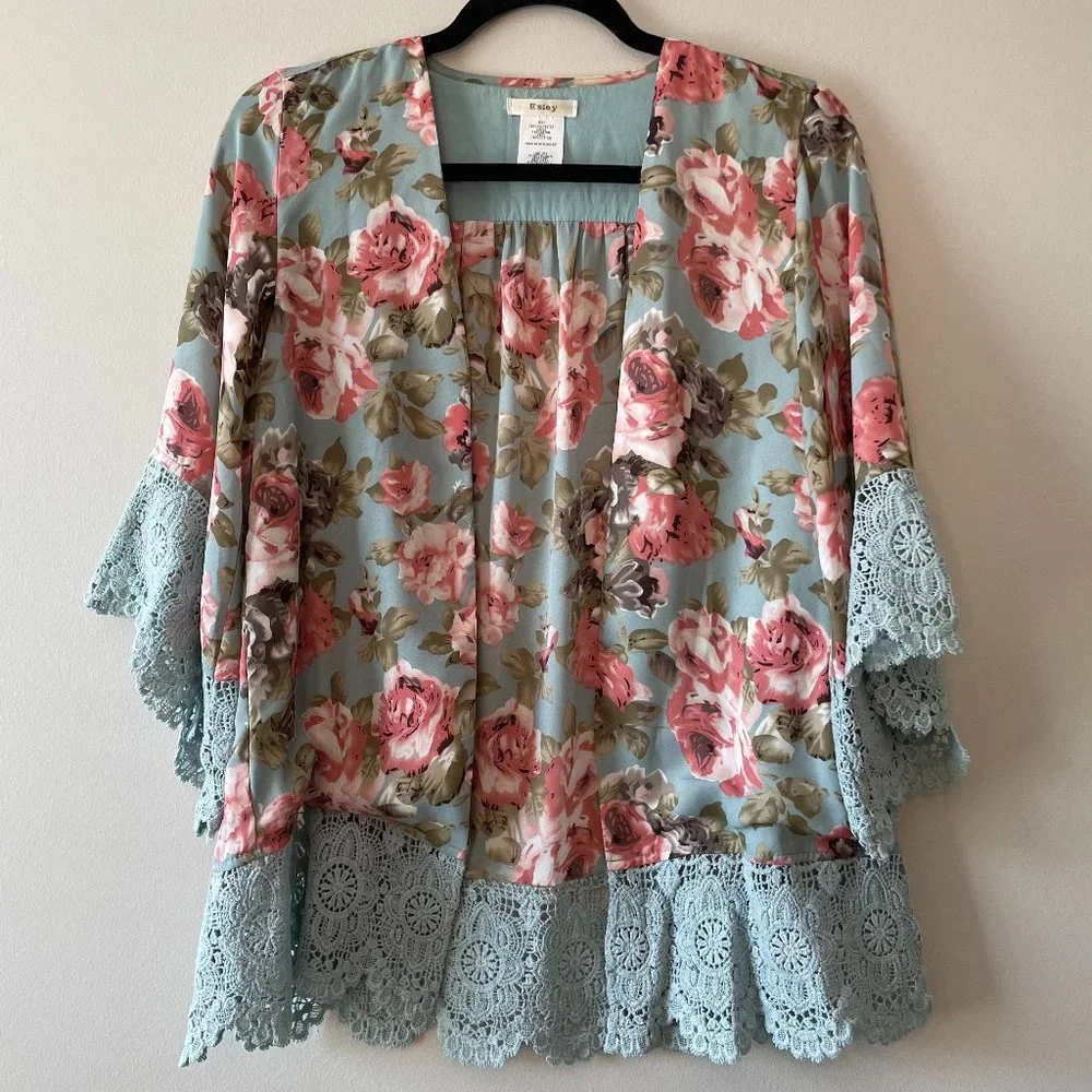 Blue & Pink Rose Floral Lace Kimono - Picture 2 of 6